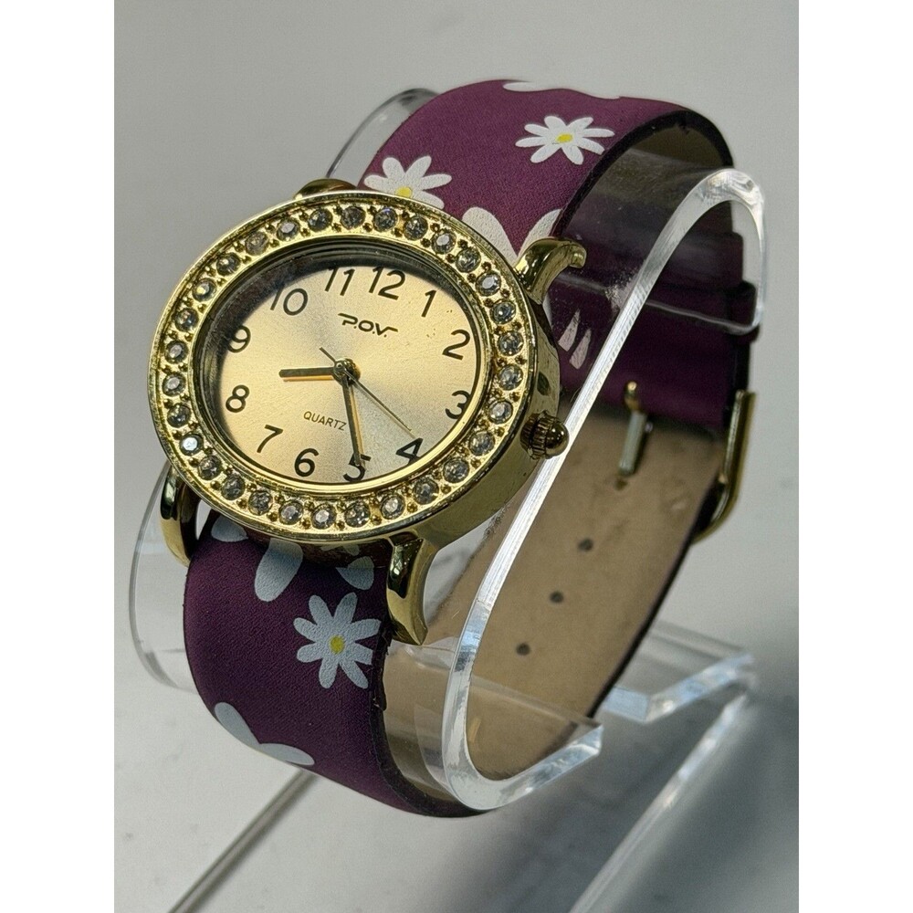 P.O.V. Quartz Women’s Watch 35mm Gold Tone Purple Floral Strap Fresh Battery